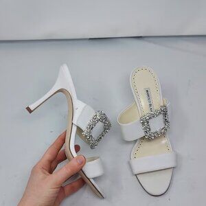 MANOLO BLAHNIK White Bridal Wedding Gable Crystal Buckle Heel Sandal